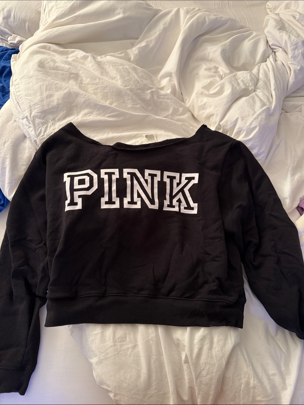 PINK Victoria's Secret Black Off-the-Shoulder Sweatshirt with White Logo